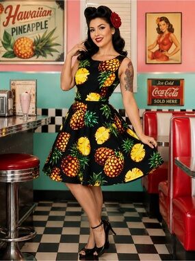 Grace Karin Pineapple Print Belted Pinup Rockabilly Swing Dress Size M
